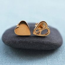 Gold Heart Stud Earrings with Peace Symbol
