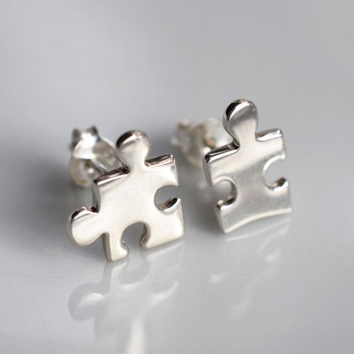 Silver Jigsaw Puzzle Stud Earrings (Mismatched)