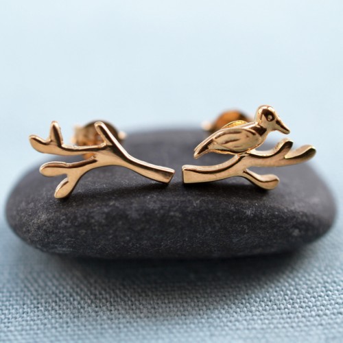 Gold Bird and Branch Earrings (Studs Mismatched)