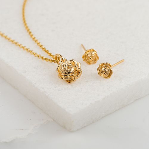 Gold Rose Jewellery Set With Stud Earrings